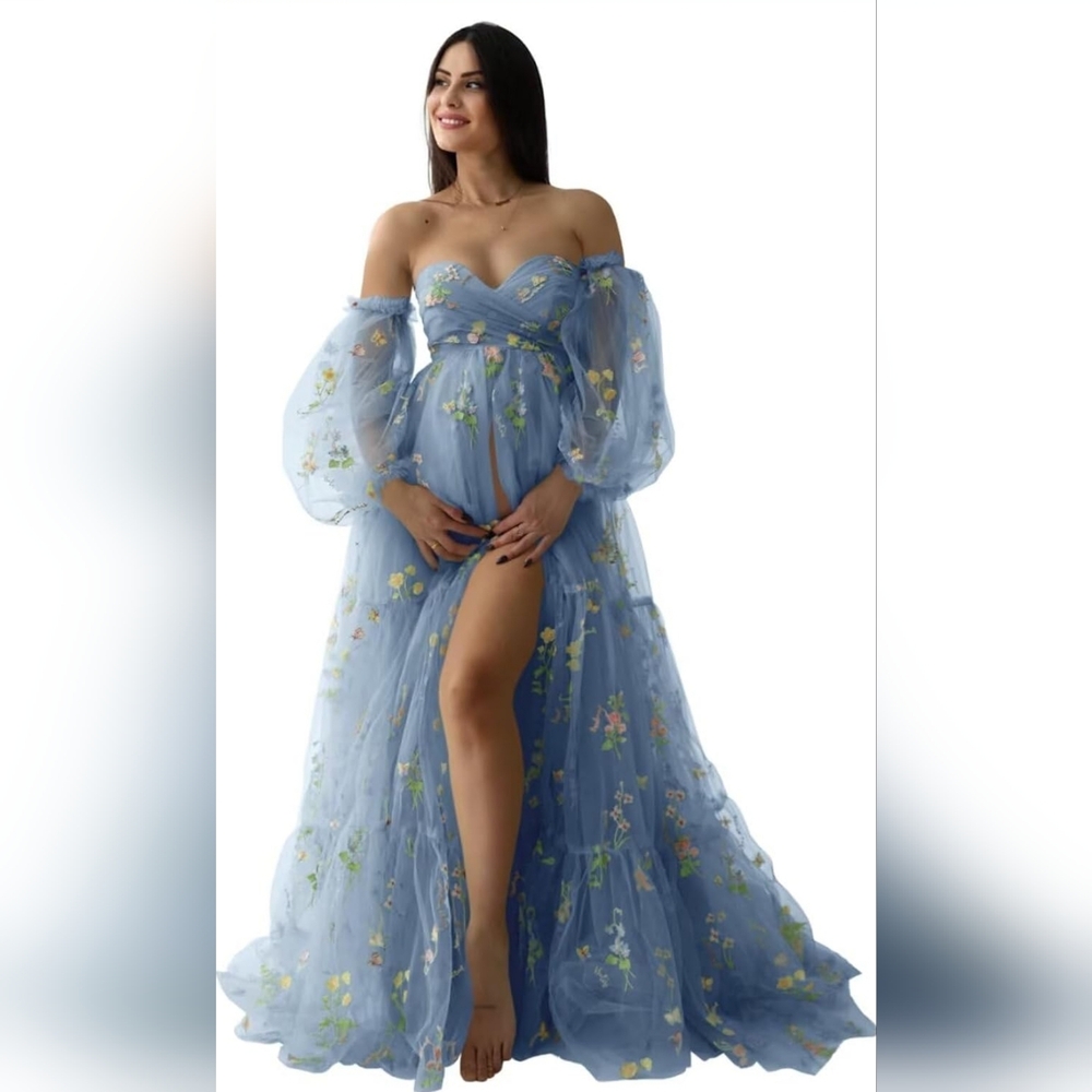 Flower Embroidery Tulle Maternity Dress for Photoshoot